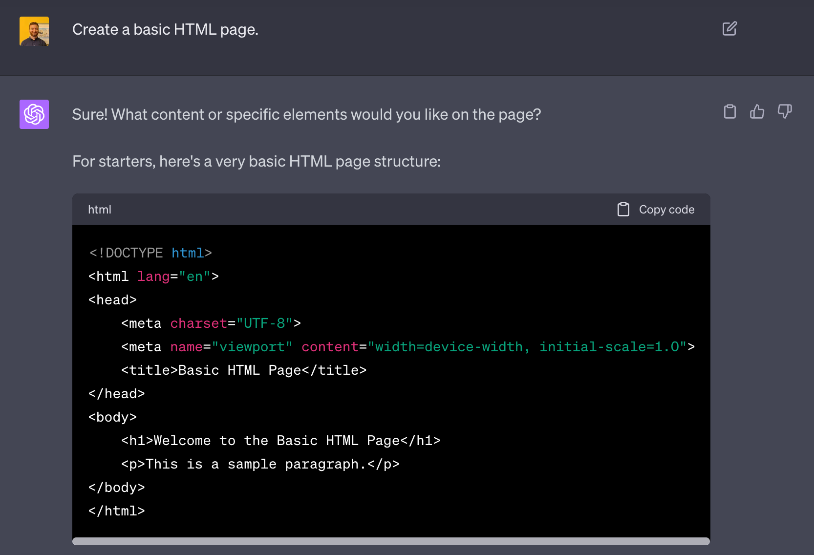 Example of ChatGPT Code Interpreter creating an HTML page.