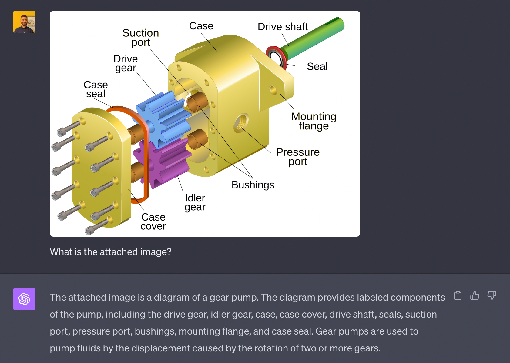 Screenshot of GPT-4V recognising a gear pump