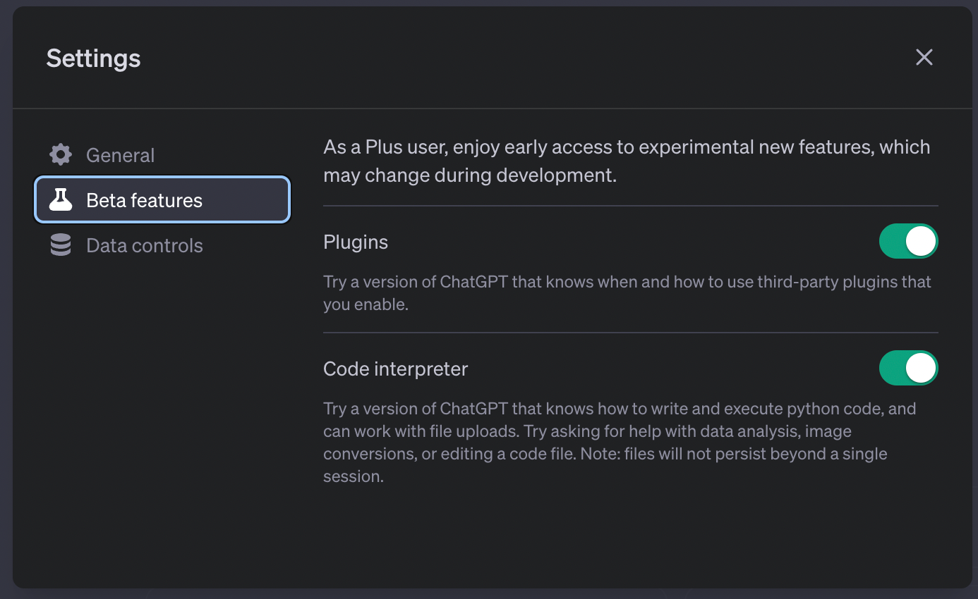 Image showing the settings in ChatGPT where the Code Interpreter can be switched on.