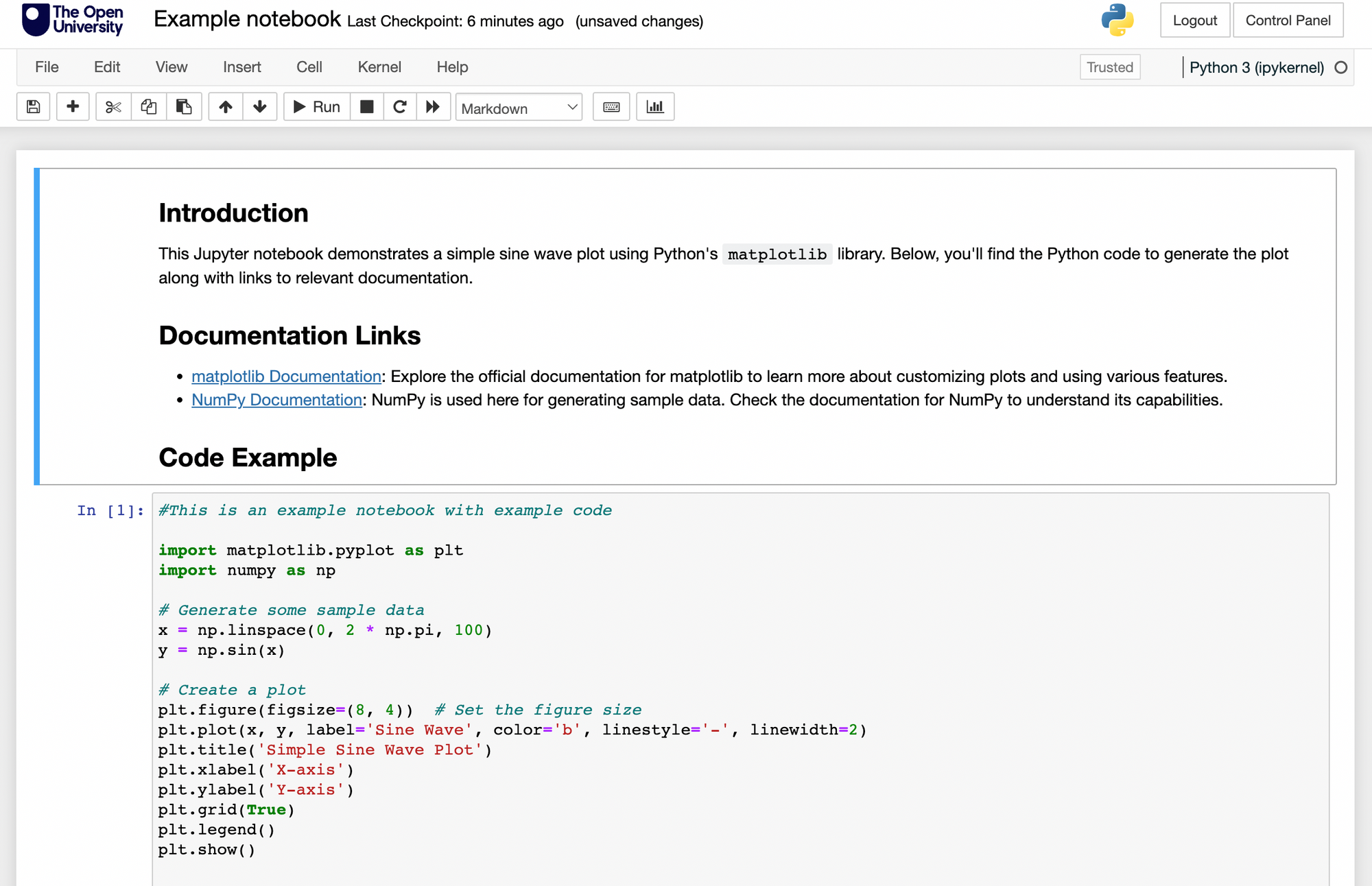 Example screenshot of Jupyter Notebooks with Markdown copy and links