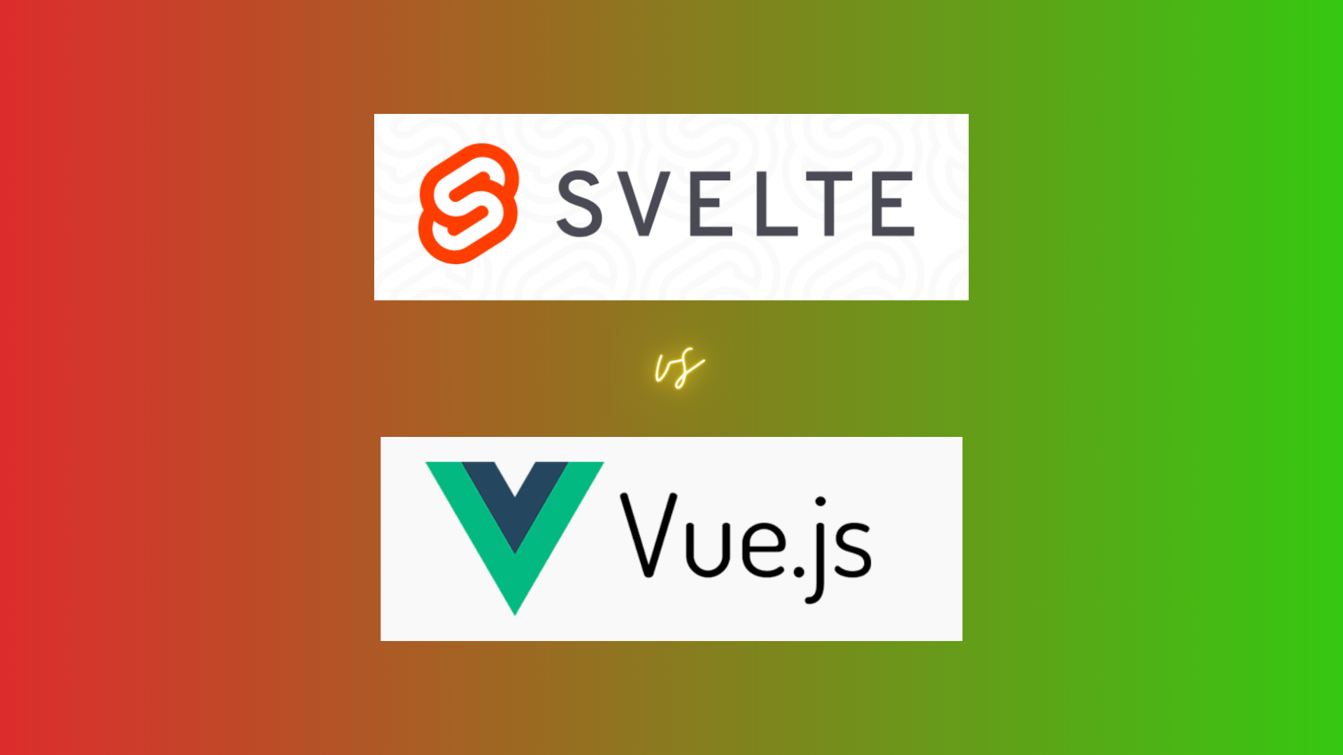 Svelte vs Vue.js on blended red and green background with logos. 
