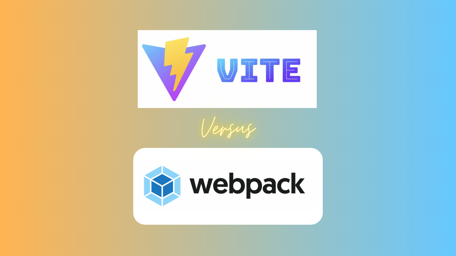 Vite versus Webpack with logos on a blended orange and blue background.