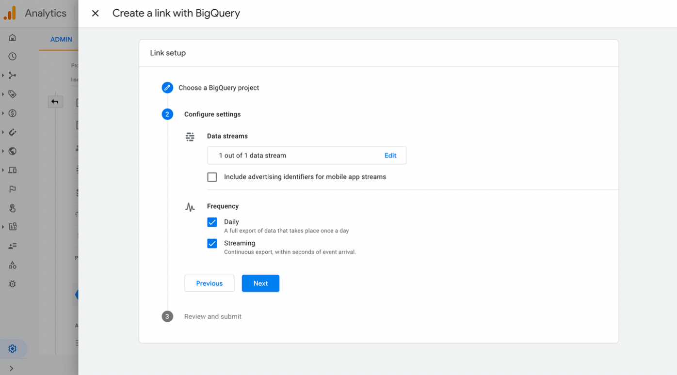 Image shoing how to connect your Google Analytics 4 account to BigQuery.