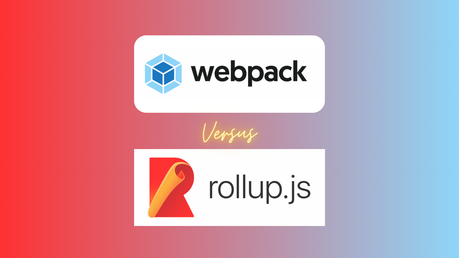 Webpack vs Rollup with logos on blended red and blue background.