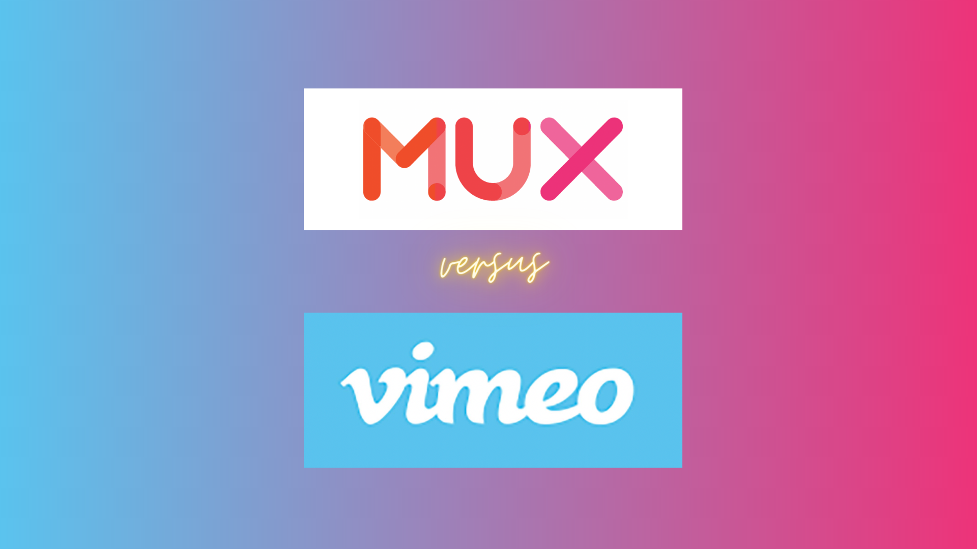 Mux vs Vimeo on blended blue and pink background, with logos. 