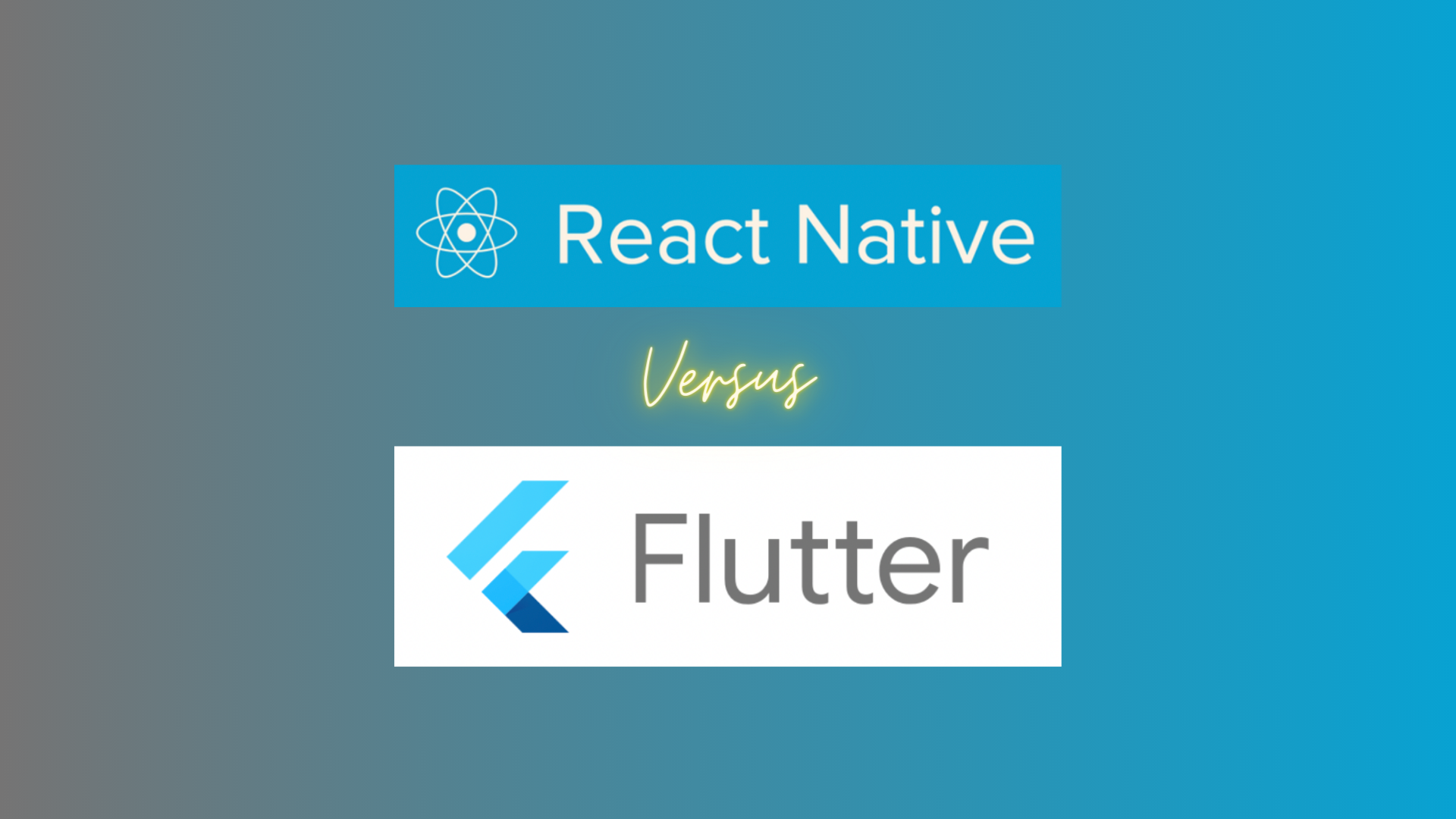 React Native vs Flutter with logos on a blended grey and light blue background. 