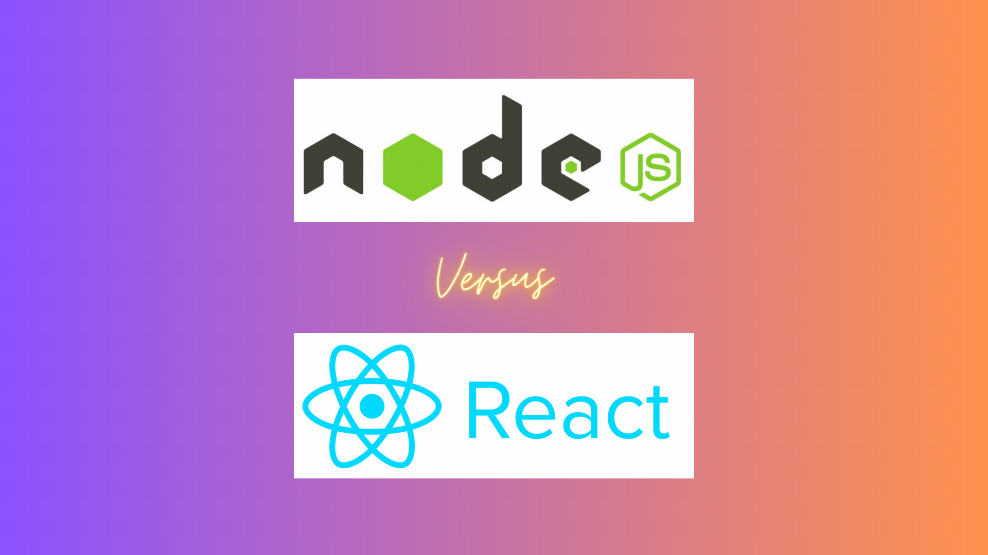 Node.js vs React logos on a blended purple and yellow background.